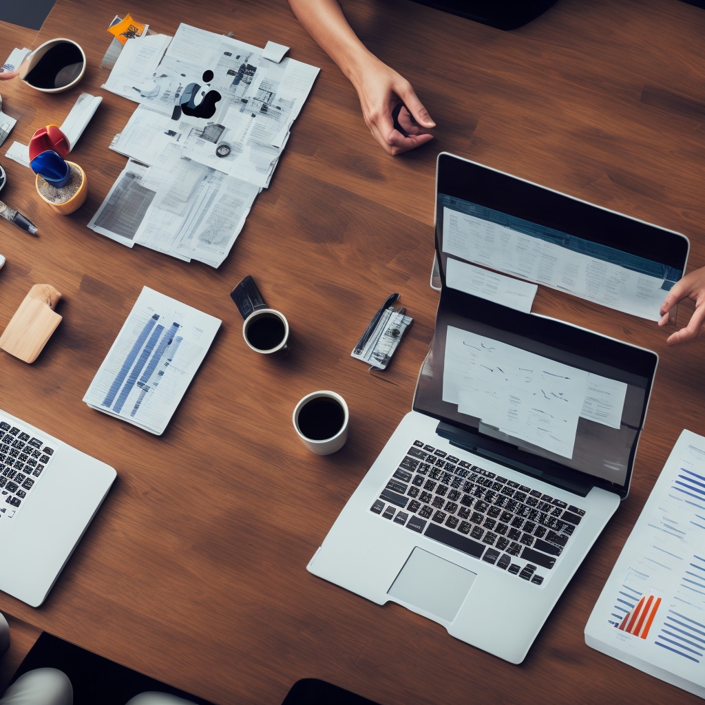 Professional internet marketing company blog header image showing modern workspace with analytics and business strategy session